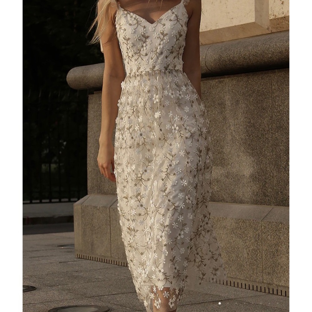 White floral dress for engagement, bridal shower, rehearsal dinner event